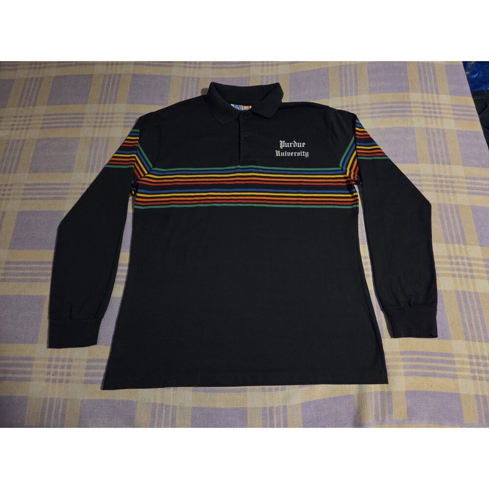 Vintage Velva Sheen Polo Shirt Rainbow Stripe Purdue University 70s 80s Rare